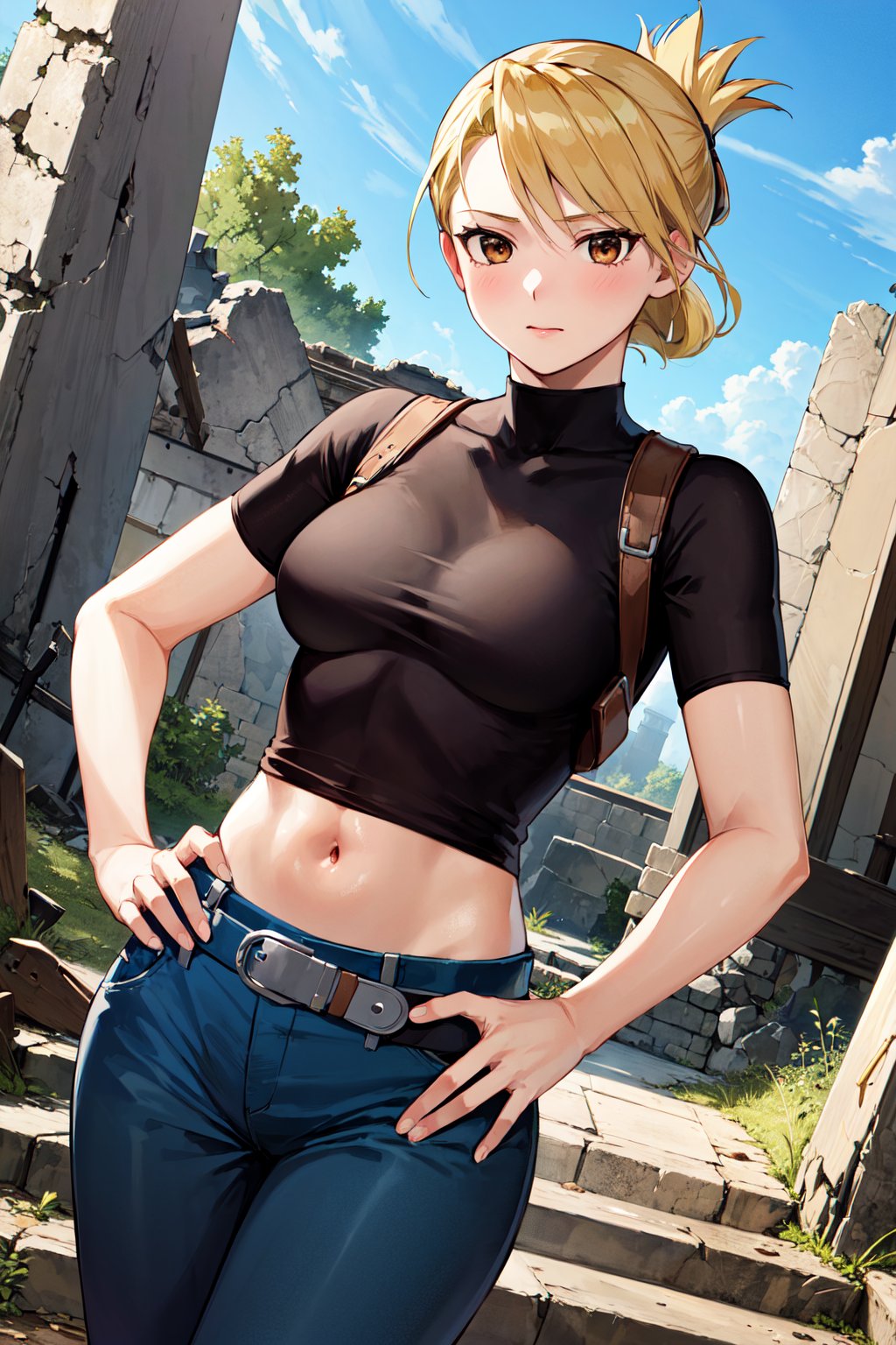 masterpiece, best quality, highres, 1girl, hmriza, folded ponytail, brown eyes, medium breasts, black shirt, tight shirt, holster, short sleeves, belt, covered navel, blue pants, <lora:riza_hawkeye_v1:0.7>, standing, cowboy shot, ruins, hand on hip,