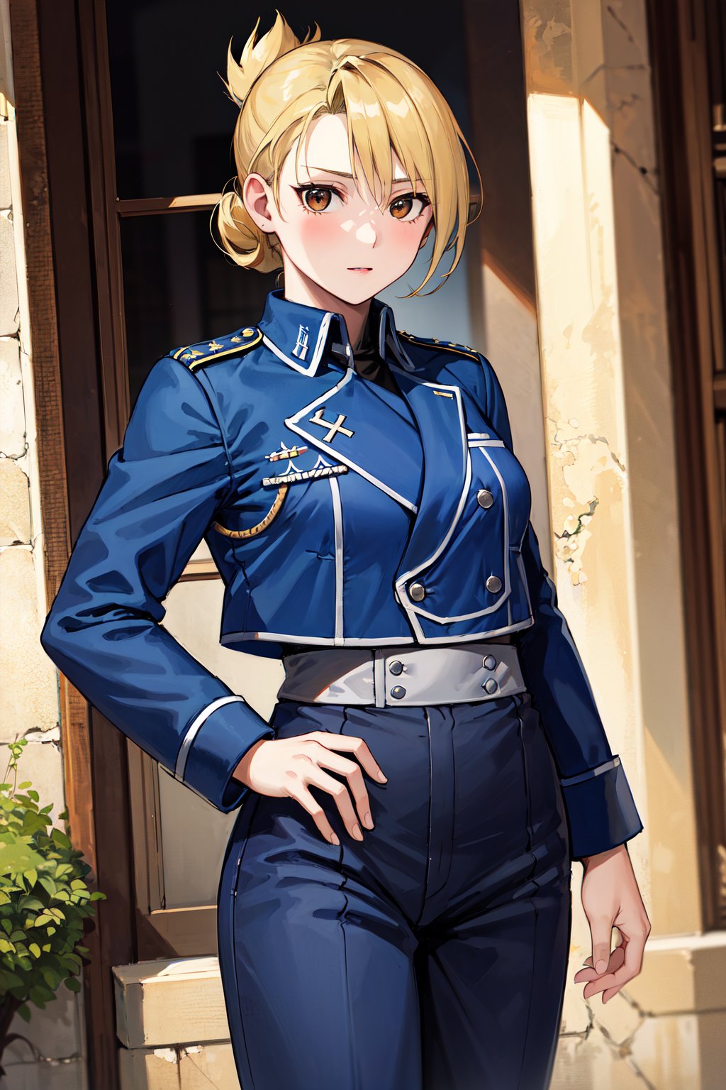 masterpiece, best quality, highres, 1girl, hmriza, folded ponytail, brown eyes, medium breasts, military uniform, blue jacket, blue pants, <lora:riza_hawkeye_v1:0.7>, standing, cowboy shot, outdoors, looking at viewer,