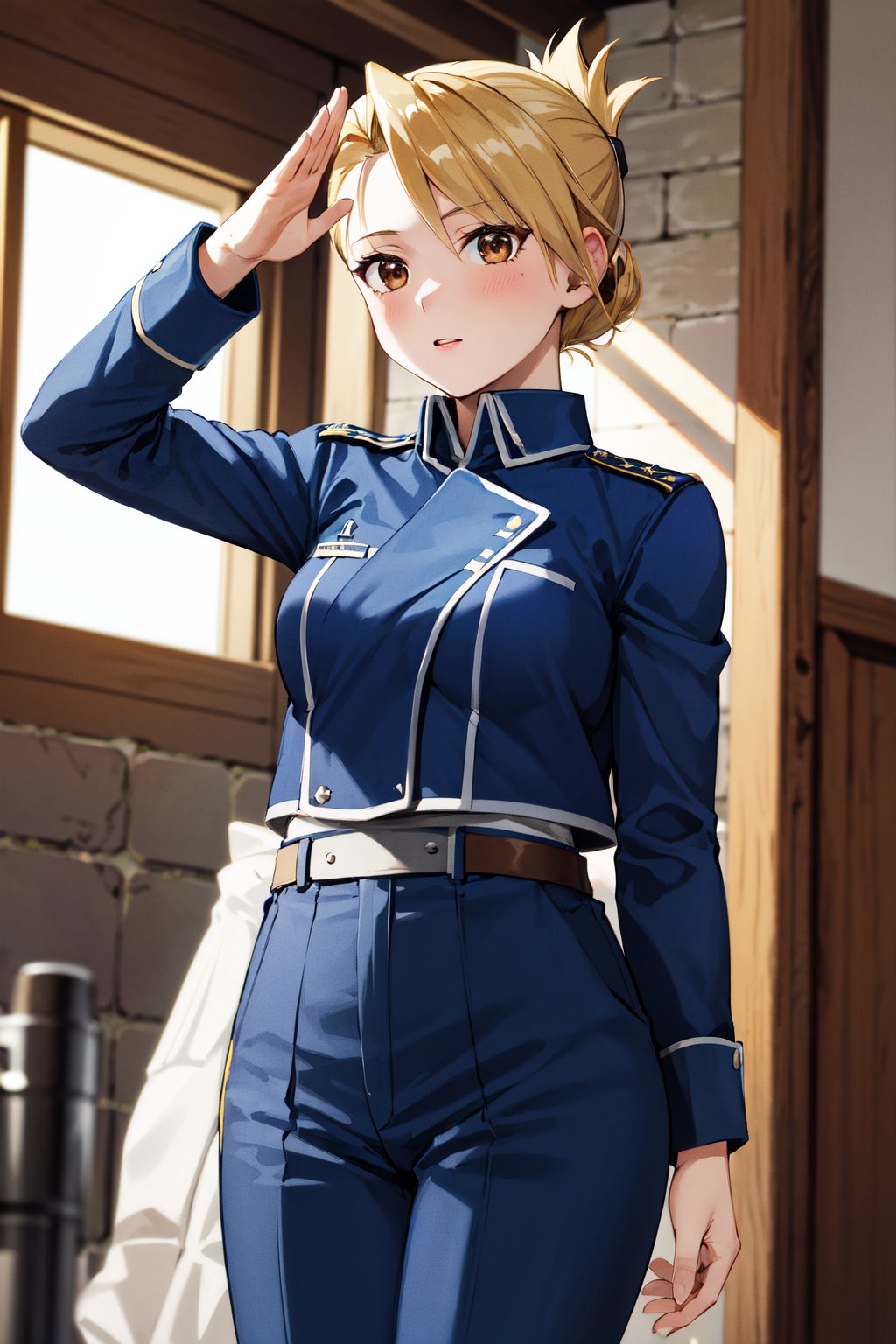 masterpiece, best quality, highres, 1girl, hmriza, folded ponytail, brown eyes, medium breasts, military uniform, blue jacket, blue pants, <lora:riza_hawkeye_v1:0.7>, salute, indoors, standing,