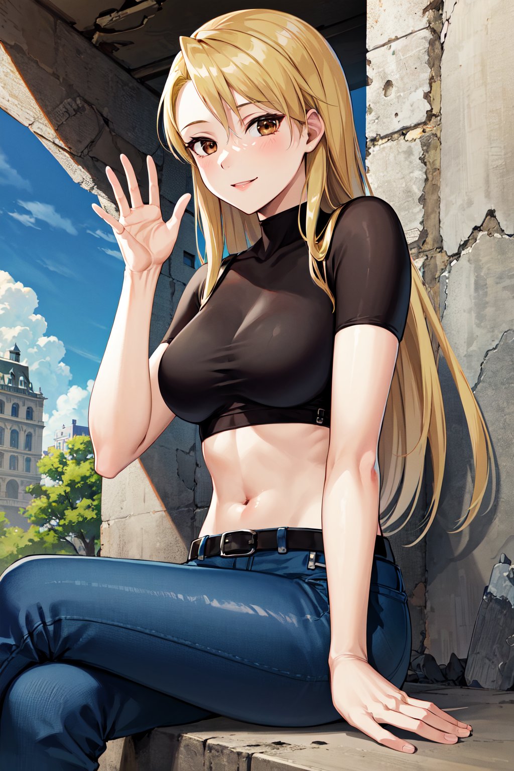 masterpiece, best quality, highres, 1girl, hmriza, long hair, brown eyes, medium breasts, black shirt, tight shirt, holster, short sleeves, belt, covered navel, blue pants, <lora:riza_hawkeye_v1:0.7>, waving, smile, ruins, outdoors, sitting, crossed legs,