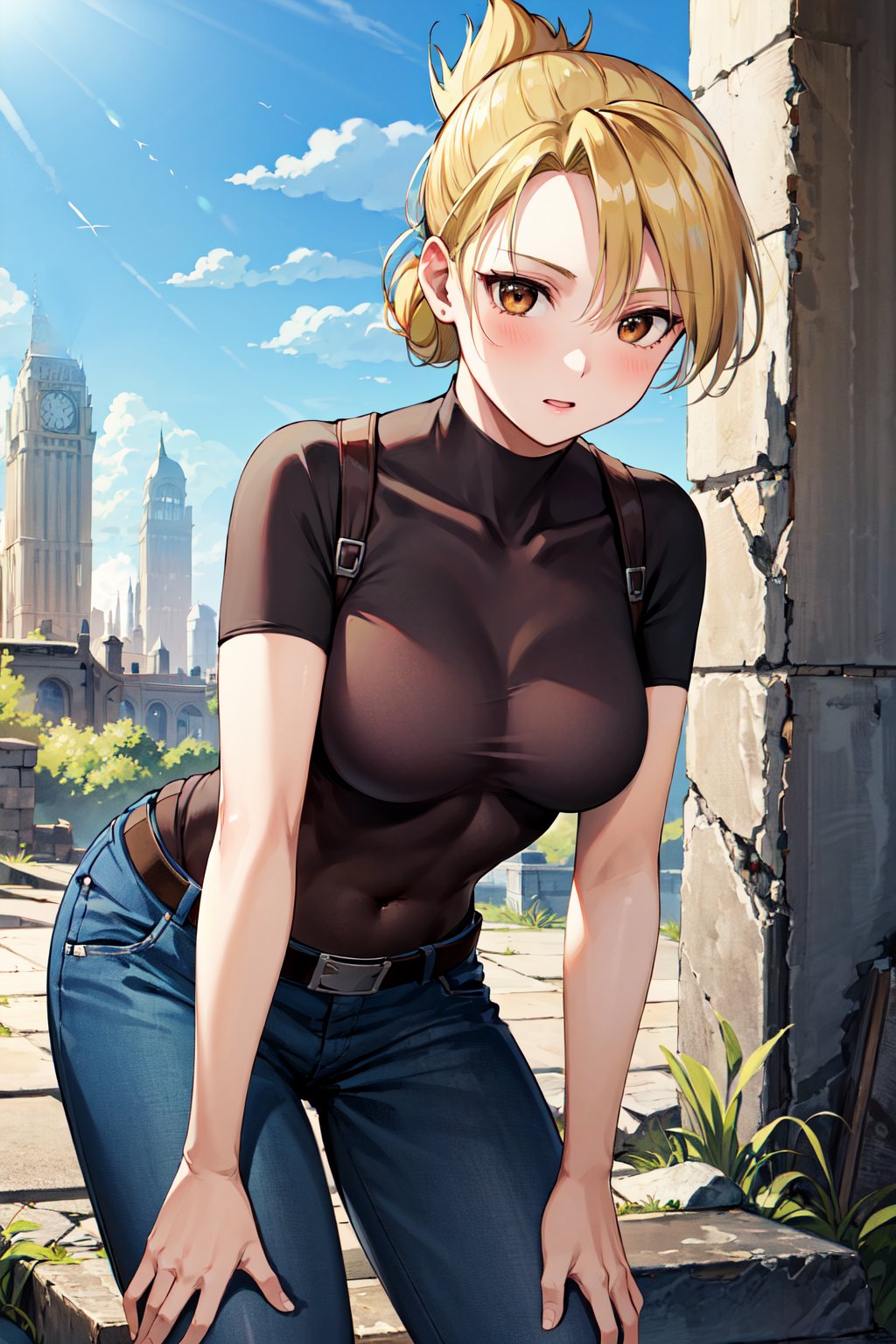 masterpiece, best quality, highres, 1girl, hmriza, folded ponytail, brown eyes, medium breasts, black shirt, tight shirt, holster, short sleeves, belt, covered navel, blue pants, <lora:riza_hawkeye_v1:0.7>, ruins, outdoors, leaning forward, 