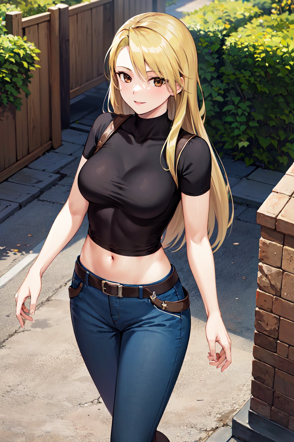 masterpiece, best quality, highres, 1girl, hmriza, long hair, brown eyes, medium breasts, black shirt, tight shirt, holster, short sleeves, belt, covered navel, blue pants, <lora:riza_hawkeye_v1:0.7>, outdoors, smile, town, from above, standing,