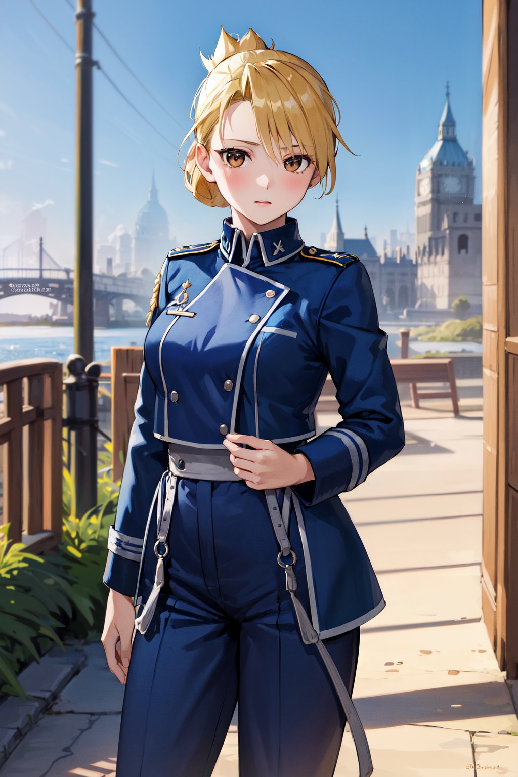 masterpiece, best quality, highres, 1girl, hmriza, folded ponytail, brown eyes, medium breasts, military uniform, blue jacket, blue pants, <lora:riza_hawkeye_v1:0.7>, standing, cowboy shot, outdoors, looking at viewer,