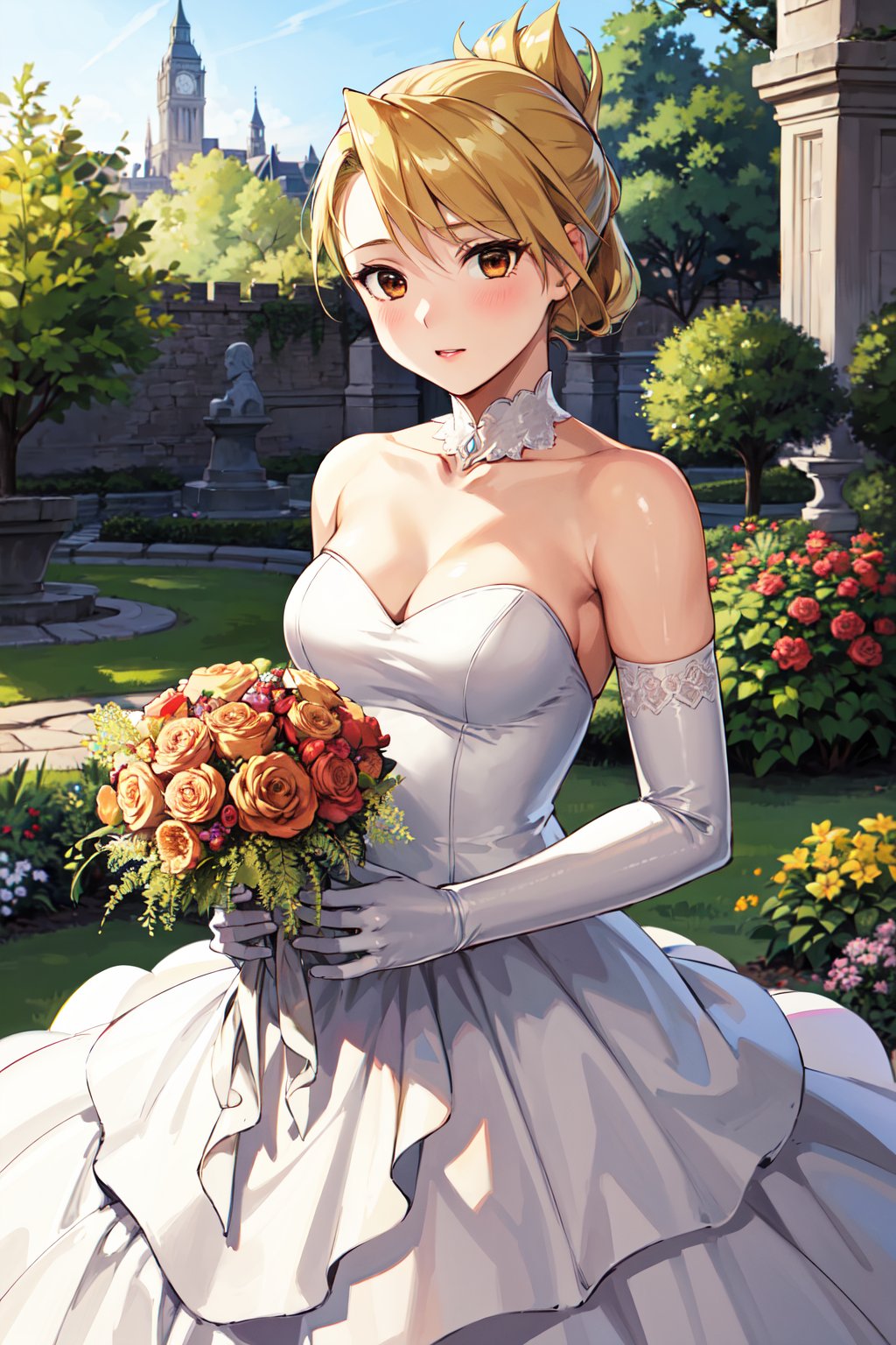 masterpiece, best quality, highres, 1girl, hmriza, folded ponytail, brown eyes, medium breasts, <lora:riza_hawkeye_v1:0.7>, wedding dress, white dress, garden, holding bouquet, elbow gloves, 