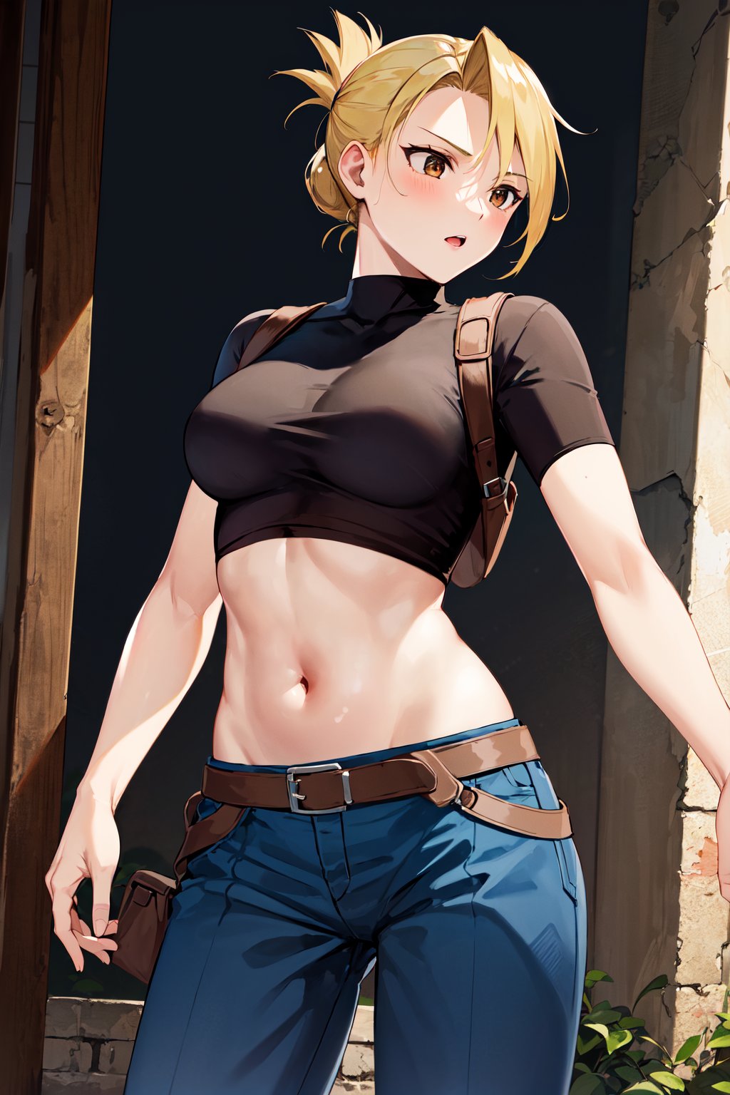 masterpiece, best quality, highres, 1girl, hmriza, folded ponytail, brown eyes, medium breasts, black shirt, tight shirt, holster, short sleeves, belt, covered navel, blue pants, <lora:riza_hawkeye_v1:0.7>, standing, cowboy shot, ruins