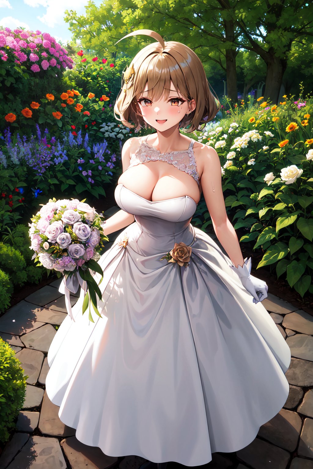 masterpiece, best quality, highres, hmanis, short hair, ahoge, hair ornament, large breasts,  <lora:anis_(nikke)_v1:0.7>, garden, wedding dress, white dress, white gloves, holding bouquet, smile, tears, standing