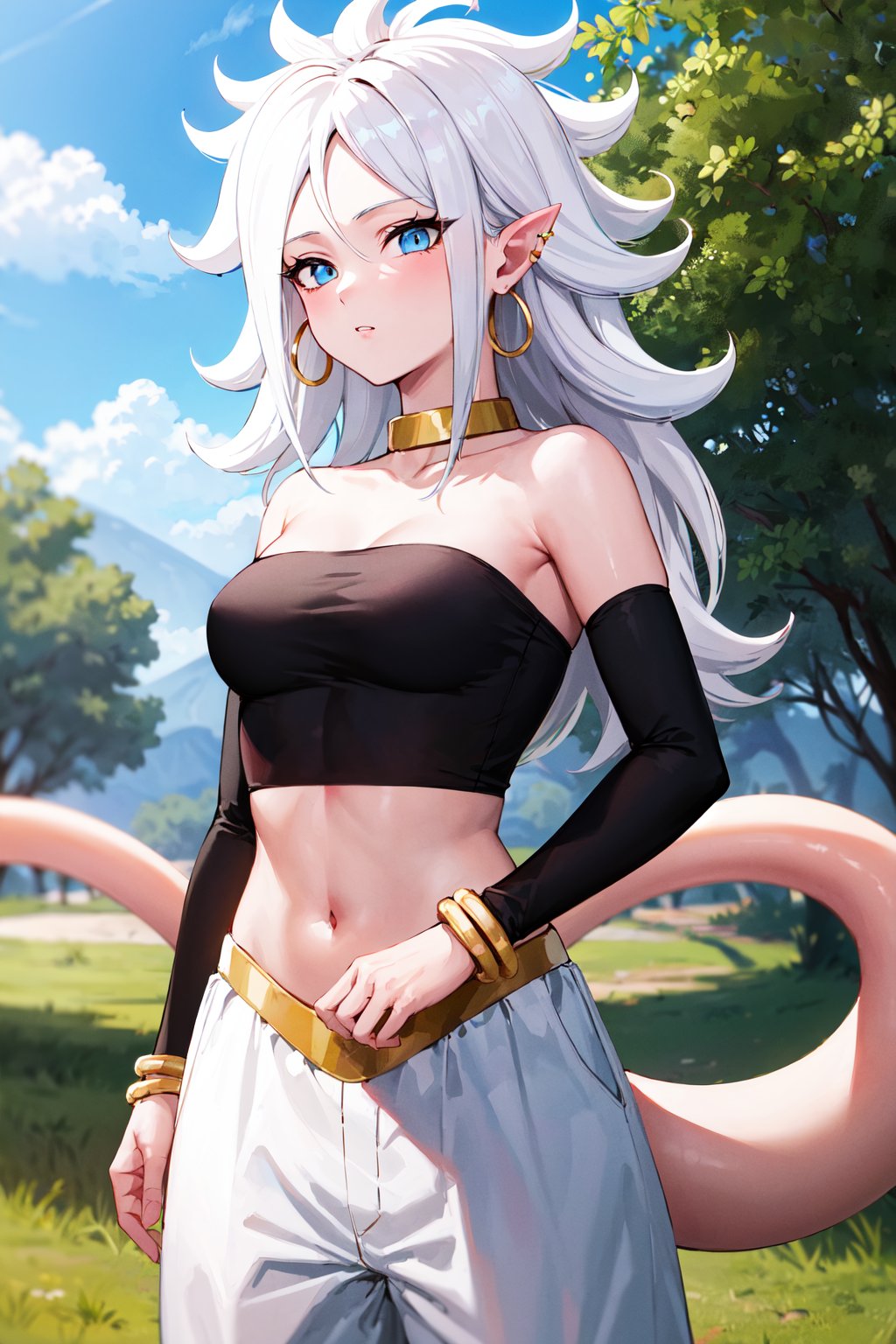 masterpiece, best quality, highres, bbandro, white hair, long hair, messy hair, pointy ears, hoop earrings, blue eyes, pink skin, tail, medium breasts, bare shoulders, strapless, detached sleeves, bracelet, midriff, harem pants, white pants, dragon ball, <lora:android_21_v1:0.7>, standing, cowboy shot, outdoors