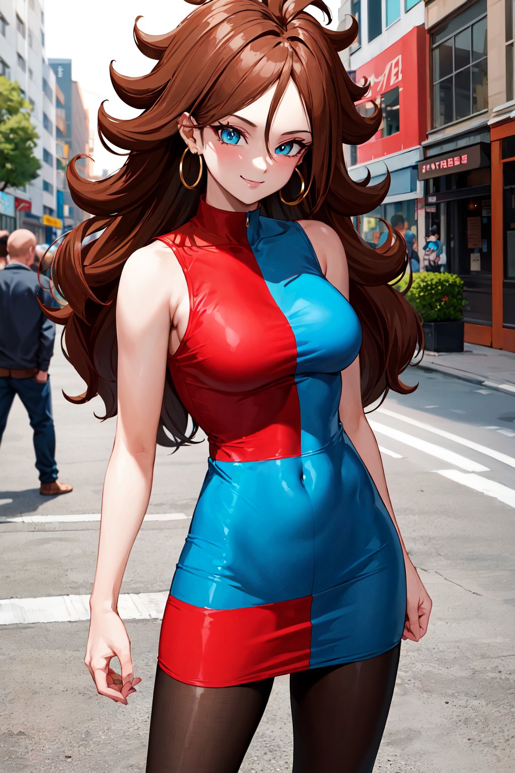 masterpiece, best quality, highres, aaandro, brown hair, long hair, curly hair, blue eyes, hoop earrings, two-tone dress, checkered dress, sleeveless, black pantyhose, dragon ball, <lora:android_21_v1:0.7>, street, cowboy shot, standing, smile
