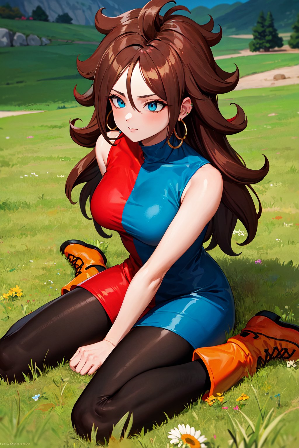 masterpiece, best quality, highres, aaandro, brown hair, long hair, curly hair, blue eyes, hoop earrings, two-tone dress, checkered dress, sleeveless, black pantyhose, dragon ball, <lora:android_21_v1:0.7>, wariza, grass, field, boots