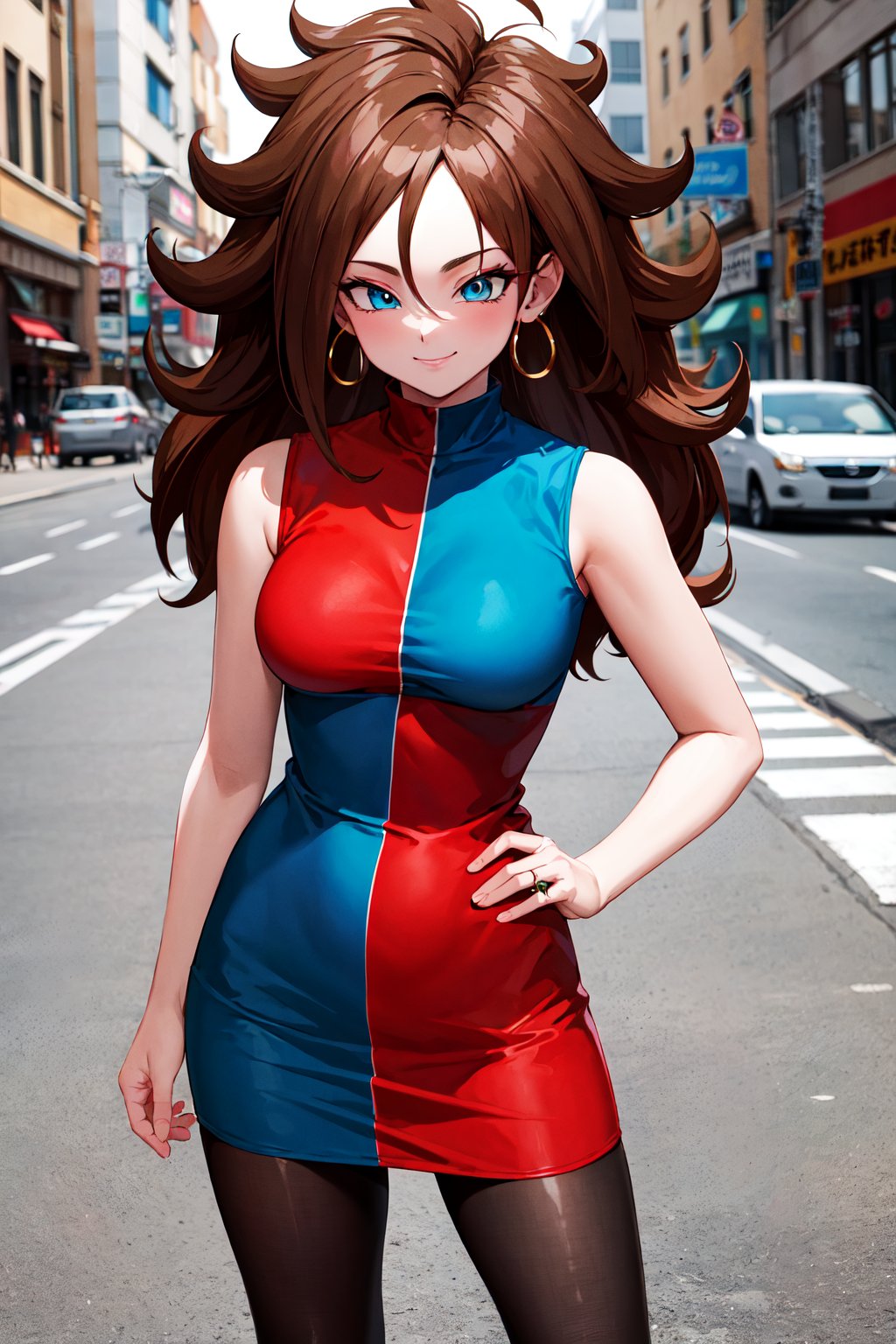 masterpiece, best quality, highres, aaandro, brown hair, long hair, curly hair, blue eyes, hoop earrings, two-tone dress, checkered dress, sleeveless, black pantyhose, dragon ball, <lora:android_21_v1:0.7>, street, cowboy shot, standing, smile