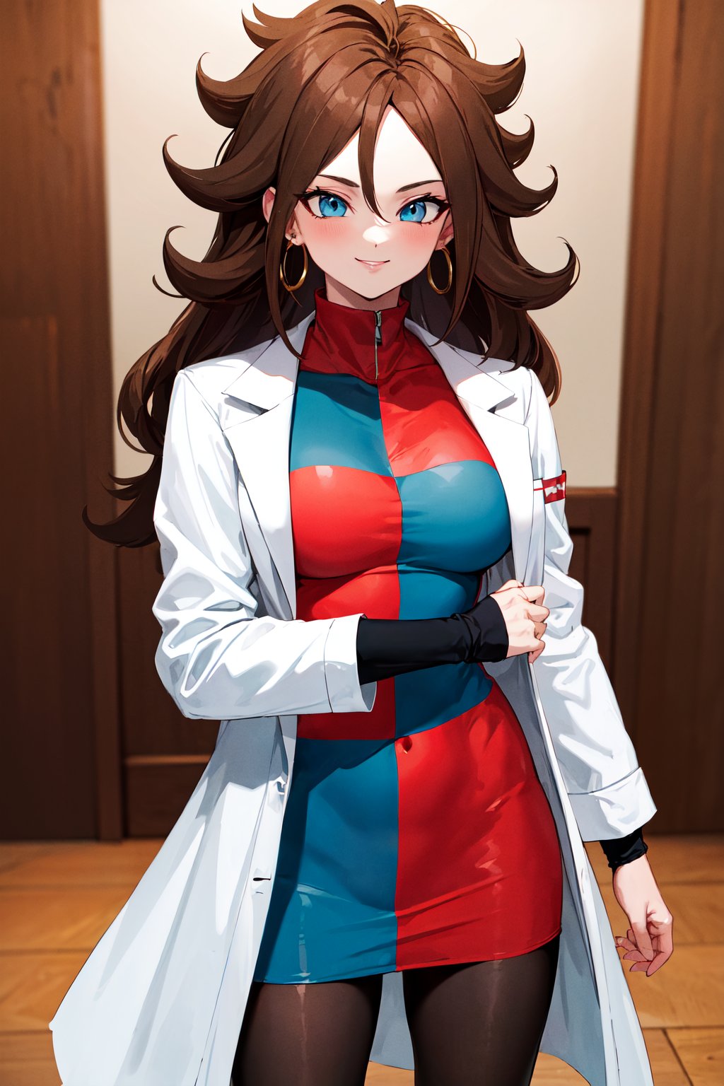 masterpiece, best quality, highres, aaandro, brown hair, long hair, curly hair, blue eyes, hoop earrings, two-tone dress, checkered dress, labcoat, long sleeves, black pantyhose, dragon ball, <lora:android_21_v1:0.7>, indoors, standing, cowboy shot, smile, 