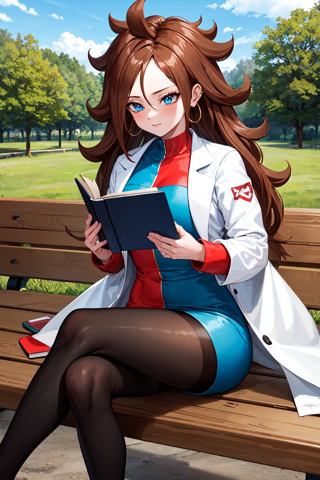 masterpiece, best quality, highres, aaandro, brown hair, long hair, curly hair, blue eyes, hoop earrings, two-tone dress, checkered dress, labcoat, long sleeves, black pantyhose, dragon ball, <lora:android_21_v1:0.7>, outdoors, bench, sitting, book,