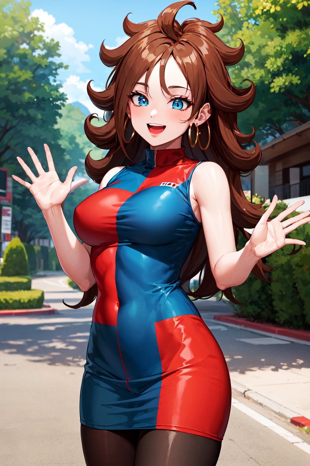 masterpiece, best quality, highres, aaandro, brown hair, long hair, curly hair, blue eyes, hoop earrings, two-tone dress, checkered dress, sleeveless, black pantyhose, dragon ball, <lora:android_21_v1:0.7>, outdoors, waving, smile, open mouth, 
