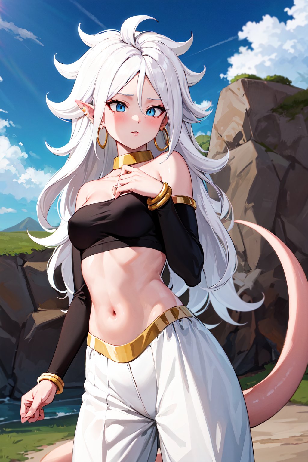 masterpiece, best quality, highres, bbandro, white hair, long hair, messy hair, pointy ears, hoop earrings, blue eyes, pink skin, tail, medium breasts, bare shoulders, strapless, detached sleeves, bracelet, midriff, harem pants, white pants, dragon ball, <lora:android_21_v1:0.7>, standing, cowboy shot, outdoors