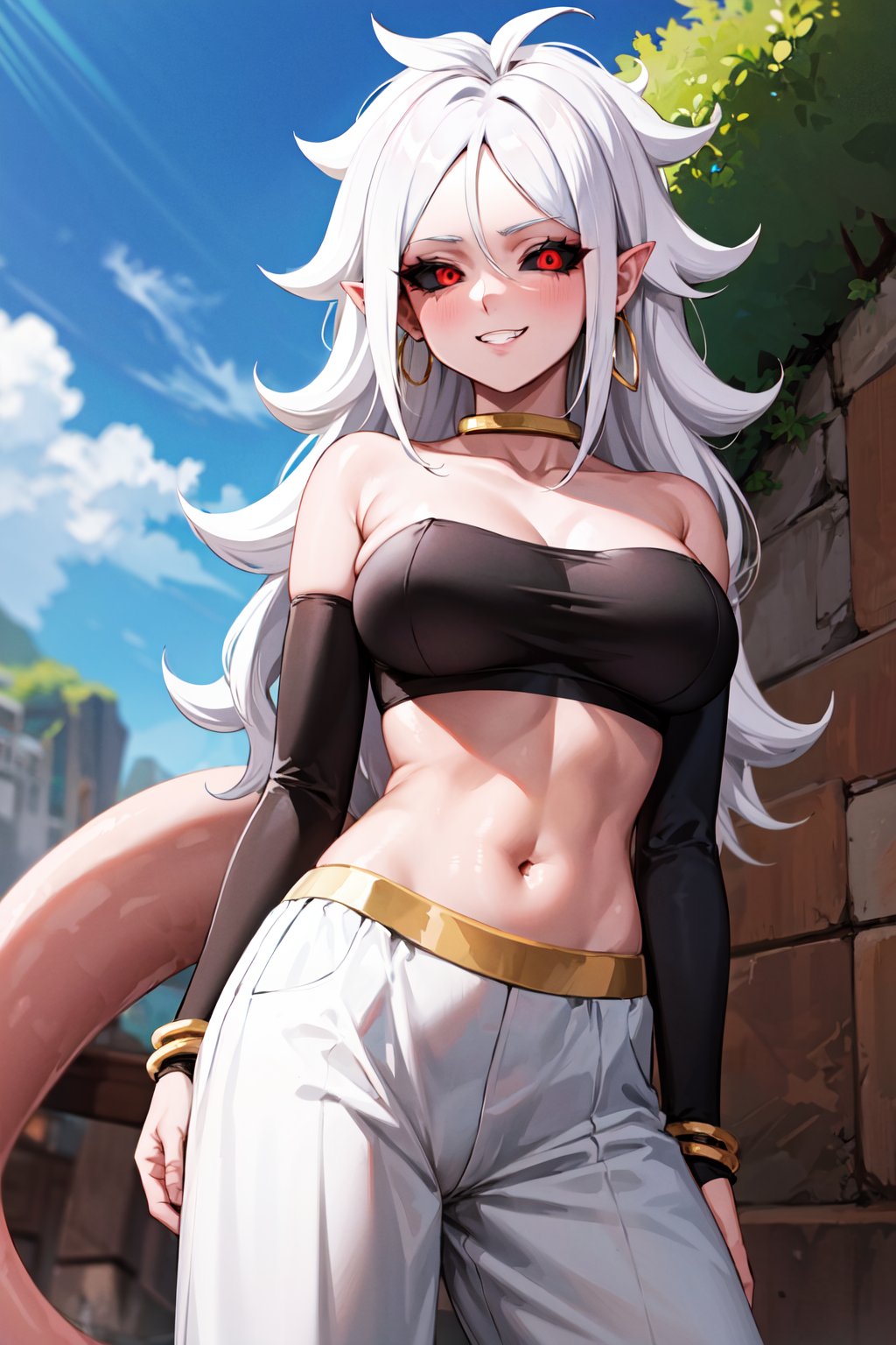 masterpiece, best quality, highres, bbandro, white hair, long hair, messy hair, pointy ears, hoop earrings, red eyes, colored sclera, (black sclera:1.1), pink skin, tail, large breasts, bare shoulders, strapless, detached sleeves, bracelet, midriff, harem pants, white pants, dragon ball, <lora:android_21_v1:0.7>, <lyco:coloredSclera-000010:0.7>, cowboy shot, standing, outdoors, evil grin, 