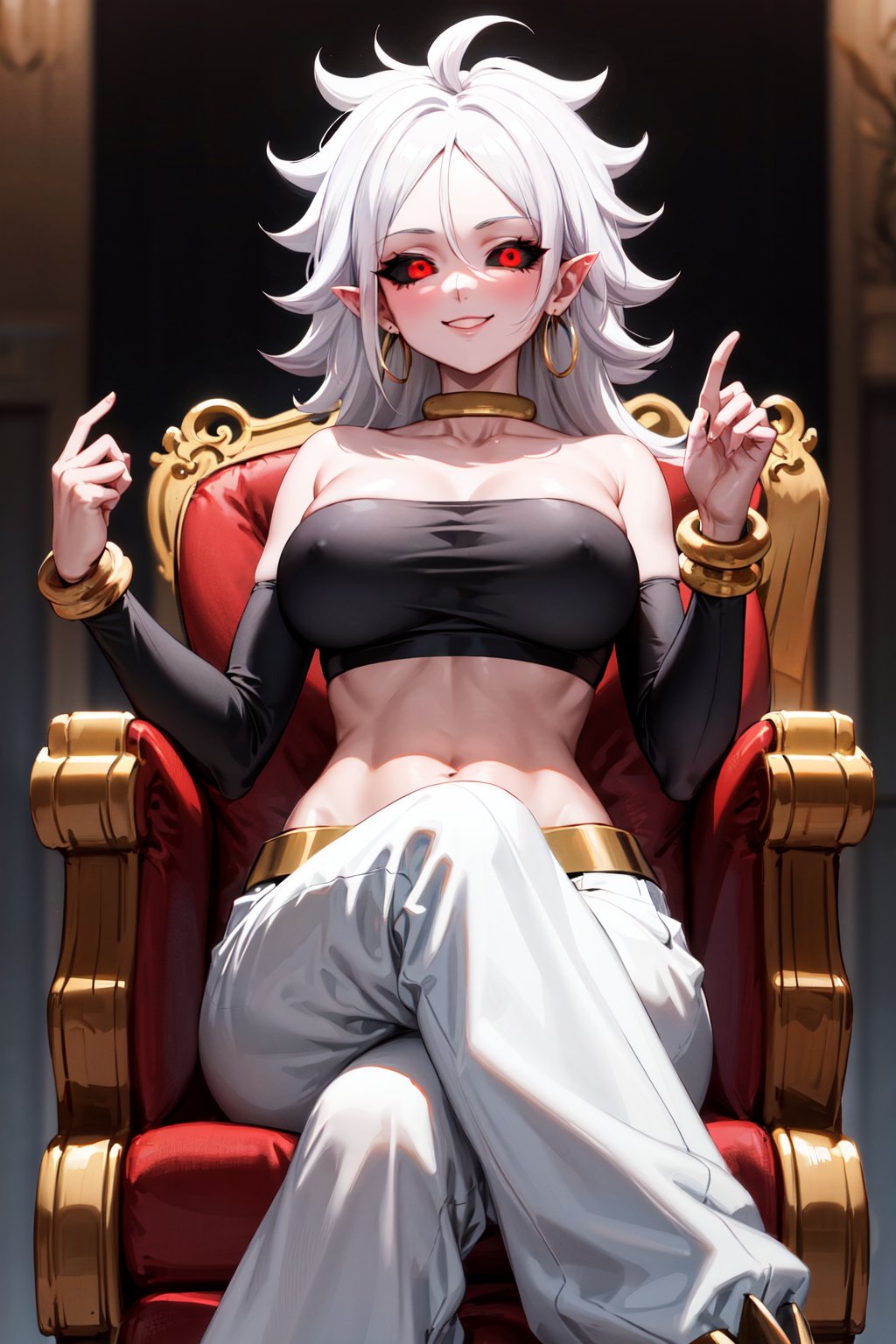 masterpiece, best quality, highres, bbandro, white hair, long hair, messy hair, pointy ears, hoop earrings, red eyes, colored sclera, (black sclera:1.1), pink skin, tail, large breasts, bare shoulders, strapless, detached sleeves, bracelet, midriff, harem pants, white pants, dragon ball, <lora:android_21_v1:0.7>, <lyco:coloredSclera-000010:0.7>, black footwear, sitting, throne, crossed legs, smile