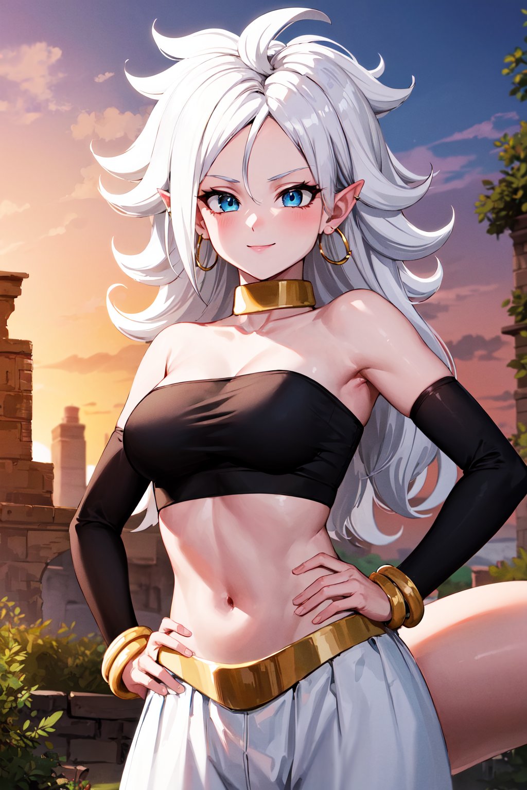 masterpiece, best quality, highres, bbandro, white hair, long hair, messy hair, pointy ears, hoop earrings, blue eyes, pink skin, tail, medium breasts, bare shoulders, strapless, detached sleeves, bracelet, midriff, harem pants, white pants, dragon ball, <lora:android_21_v1:0.7>, hand on hip, ruins, outdoors, smile,