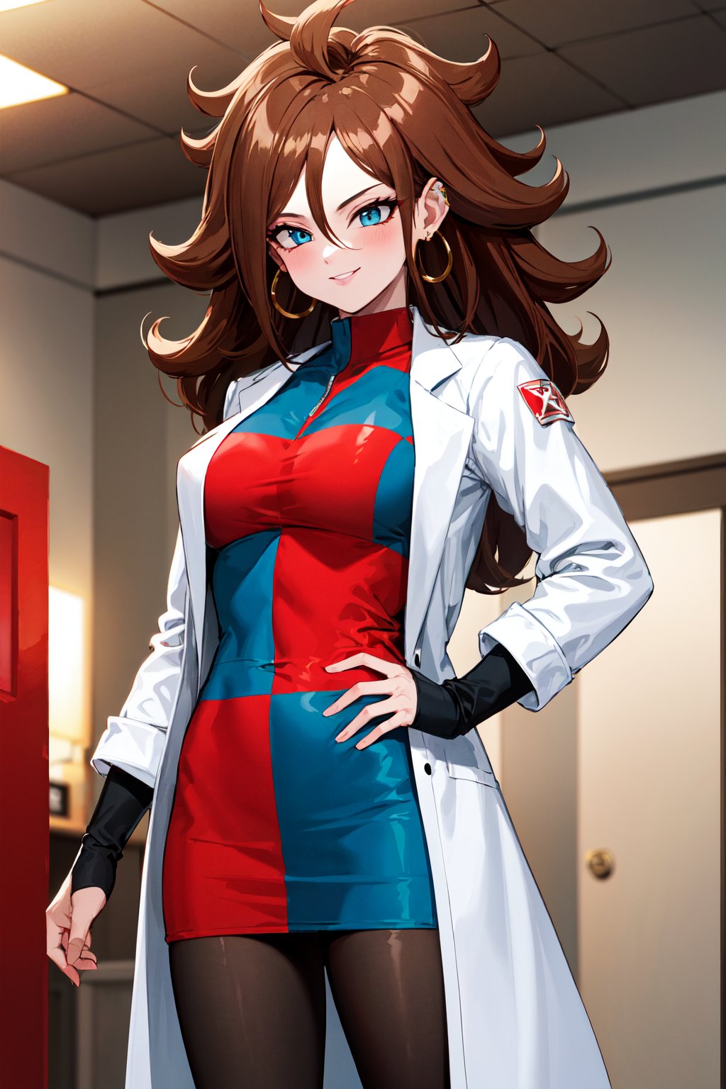 masterpiece, best quality, highres, aaandro, brown hair, long hair, curly hair, blue eyes, hoop earrings, two-tone dress, checkered dress, labcoat, long sleeves, black pantyhose, dragon ball, <lora:android_21_v1:0.7>, indoors, standing, cowboy shot, smile, 