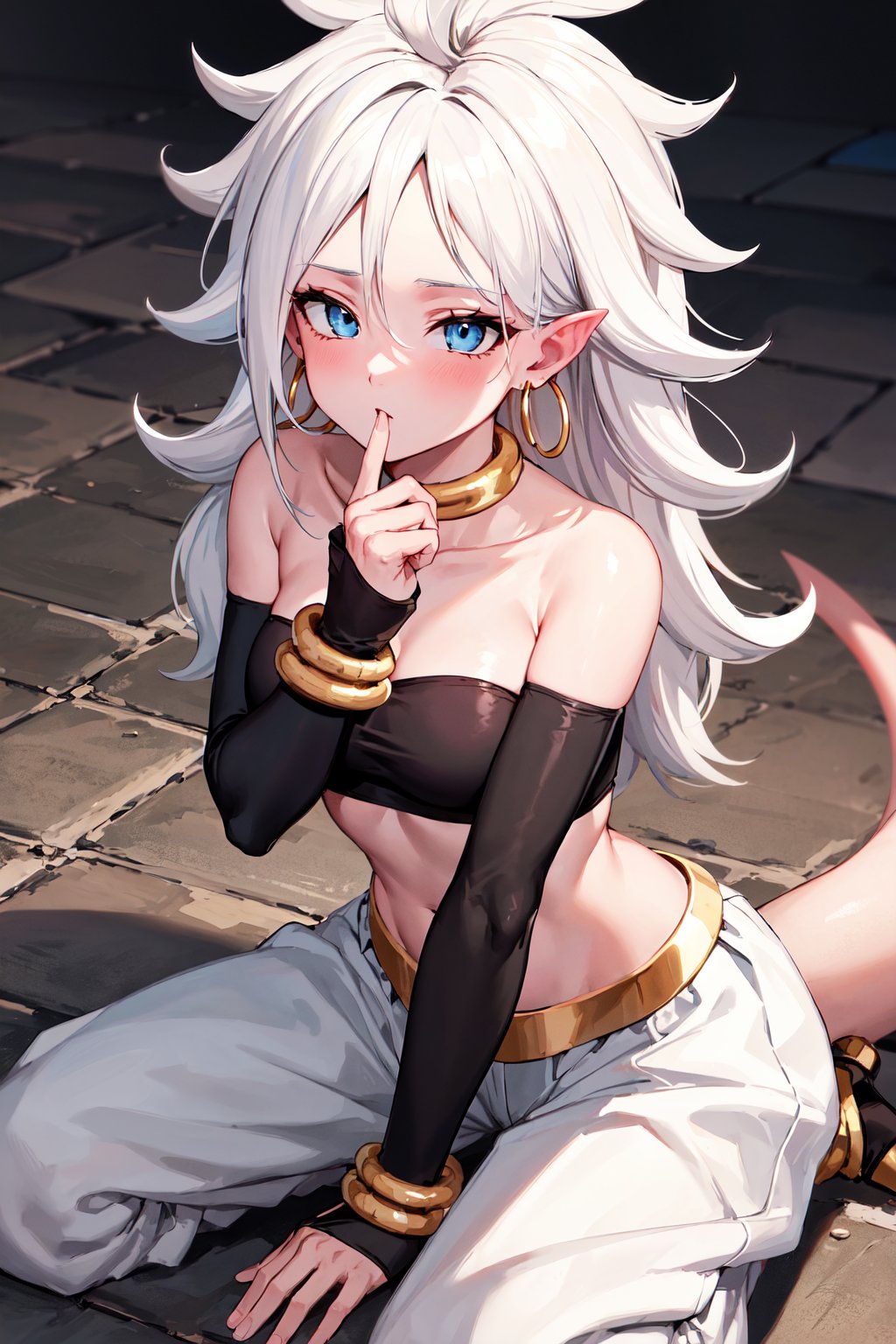 masterpiece, best quality, highres, bbandro, white hair, long hair, messy hair, pointy ears, hoop earrings, blue eyes, pink skin, tail, medium breasts, bare shoulders, strapless, detached sleeves, bracelet, midriff, harem pants, white pants, dragon ball, <lora:android_21_v1:0.7>, kneeling,