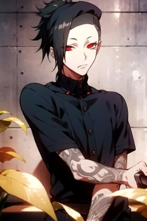 masterpiece, best quality, illustration, 1boy, solo, male focus, looking at viewer, upper body, , , , <lora:uta_tokyo_ghoul:0.76>, uta_tokyo_ghoul, black hair, red eyes, black sclera, ponytail, romper, newsboy cap, feudal japan, 12k resolution