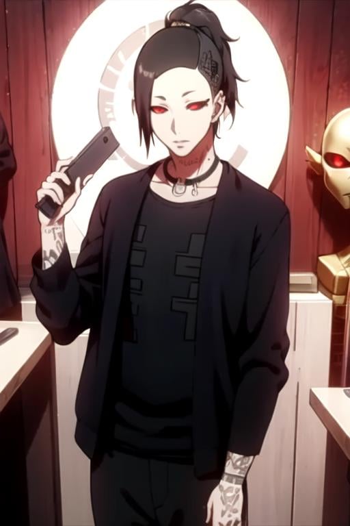 masterpiece, best quality, movie still, 1boy, solo, male focus, looking at viewer, upper body, , , , <lora:uta_tokyo_ghoul:0.76>, uta_tokyo_ghoul, black hair, red eyes, black sclera, ponytail, , Virtual Reality,