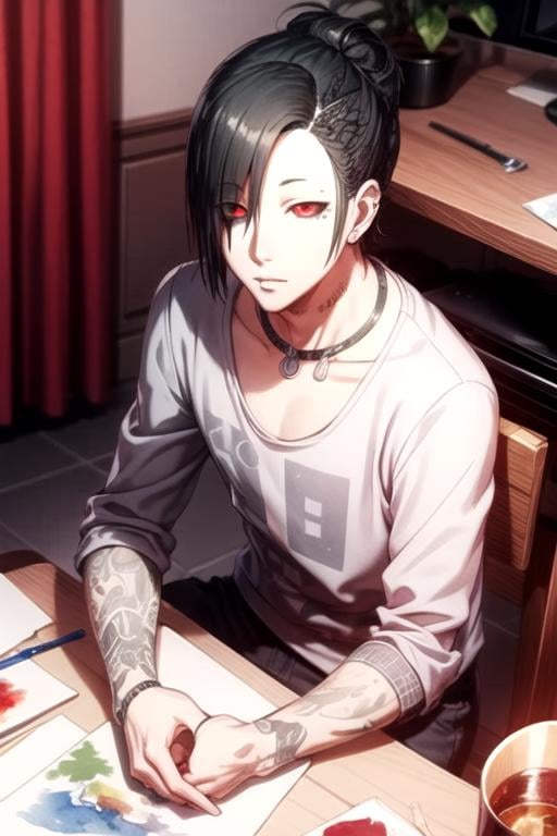 masterpiece, best quality, game cg, 1boy, solo, male focus, looking at viewer, , , (watercolor illustration, soft pastel colors:1.1), , <lora:uta_tokyo_ghoul:0.76>, uta_tokyo_ghoul, black hair, red eyes, , , , , 12k resolution