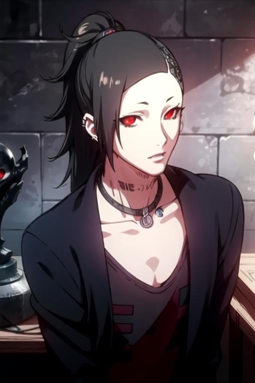 masterpiece, best quality, photorealistic, 1boy, solo, male focus, looking at viewer, upper body, depth of field, ligne claire, realistic, <lora:uta_tokyo_ghoul:0.70>, uta_tokyo_ghoul, black hair, red eyes, , ponytail, gothic costume, A dark, foreboding castle where a wicked queen reigns,