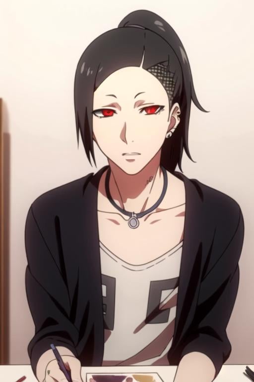 masterpiece, best quality, , 1boy, solo, male focus, looking at viewer, upper body, , (watercolor illustration, soft pastel colors:1.1), , <lora:uta_tokyo_ghoul:0.66>, uta_tokyo_ghoul, black hair, red eyes, , ponytail