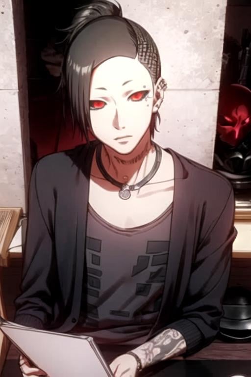 masterpiece, best quality, sketch, 1boy, solo, male focus, looking at viewer, upper body, , ligne claire, , <lora:uta_tokyo_ghoul:0.74>, uta_tokyo_ghoul, black hair, red eyes, , ponytail, vandal costume, Utopian/Post-scarcity,