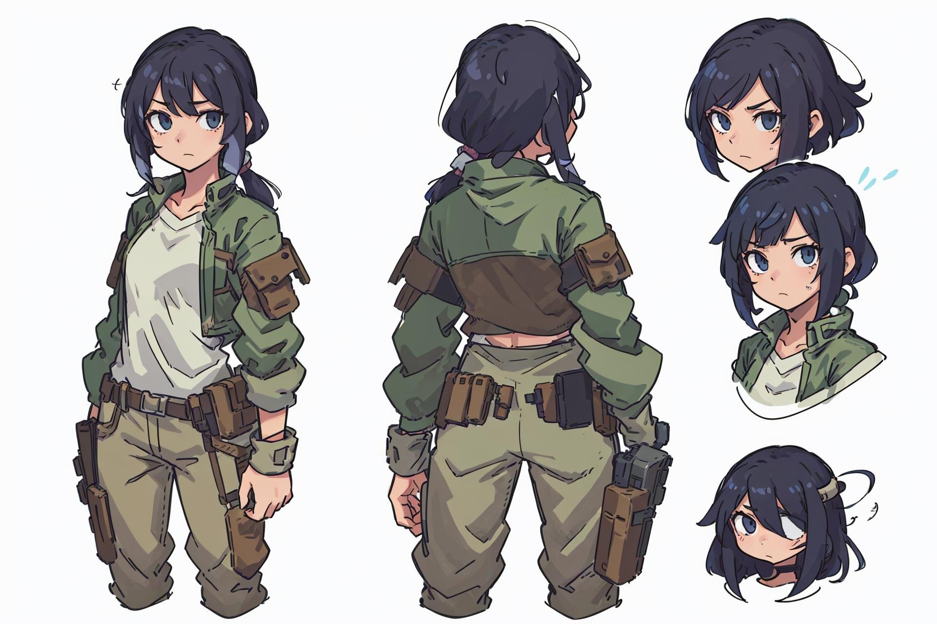 (best quality:0.8) perfect anime (character reference:1.2) illustration, gunslinger camoflauge outfit, concept art, multiple angles