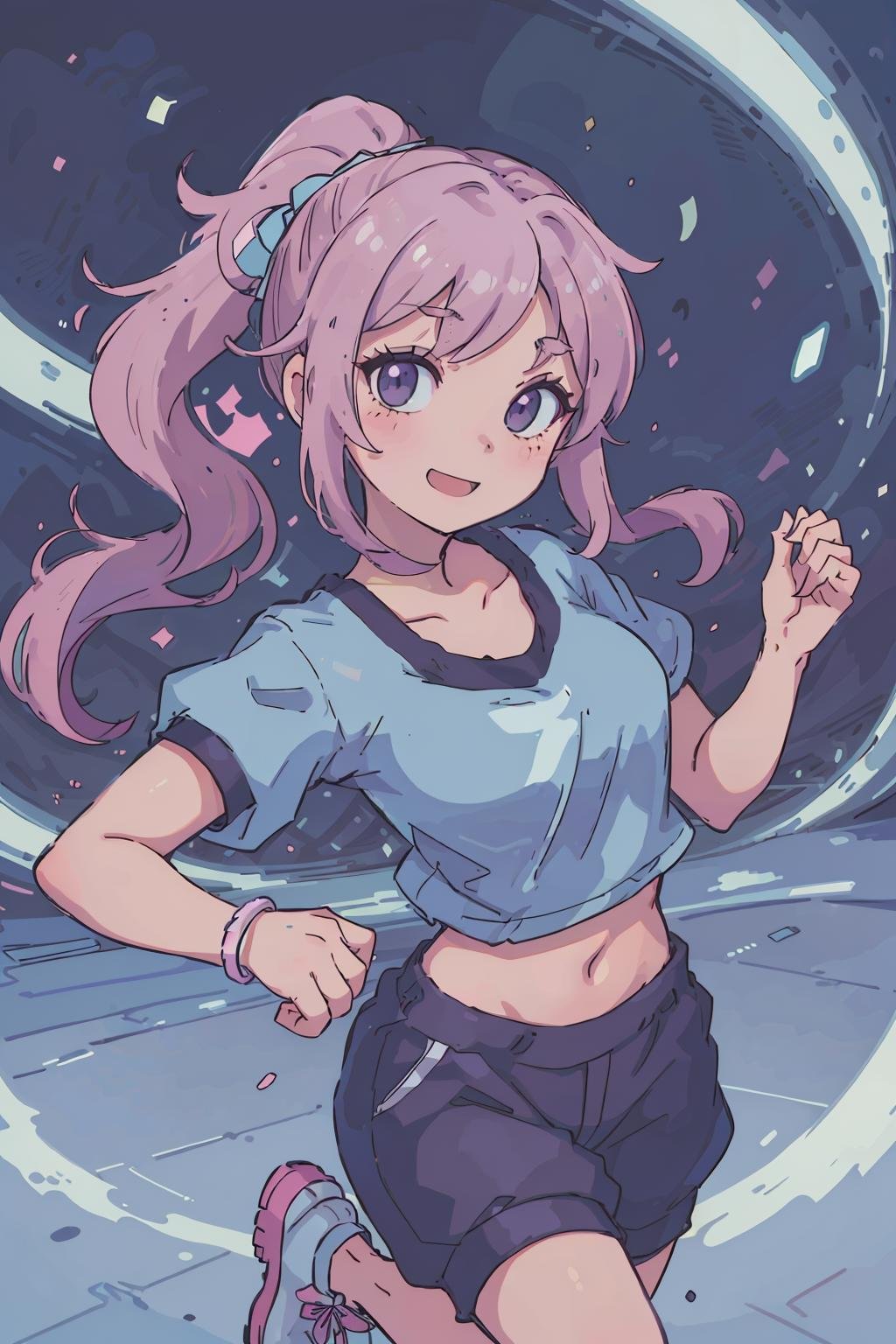 (best quality:0.8) perfect anime illustration, a pretty, happy college woman dancing the night away at the party, wearing athleisure, track shorts