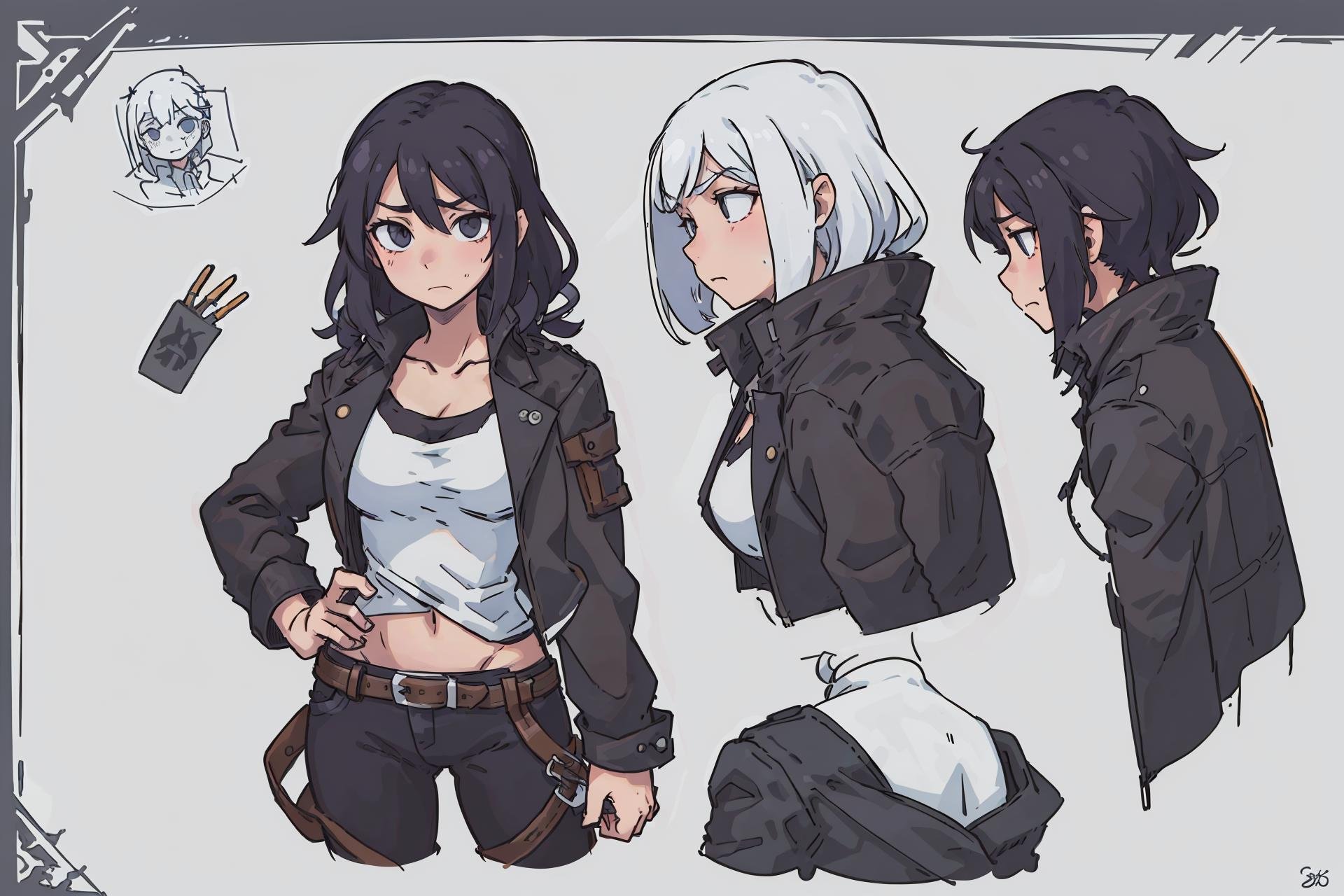 (best quality:0.8) perfect anime (character reference:1.2) illustration, vampire biker gang, heavy leather jacket, concept art, artbook, white background