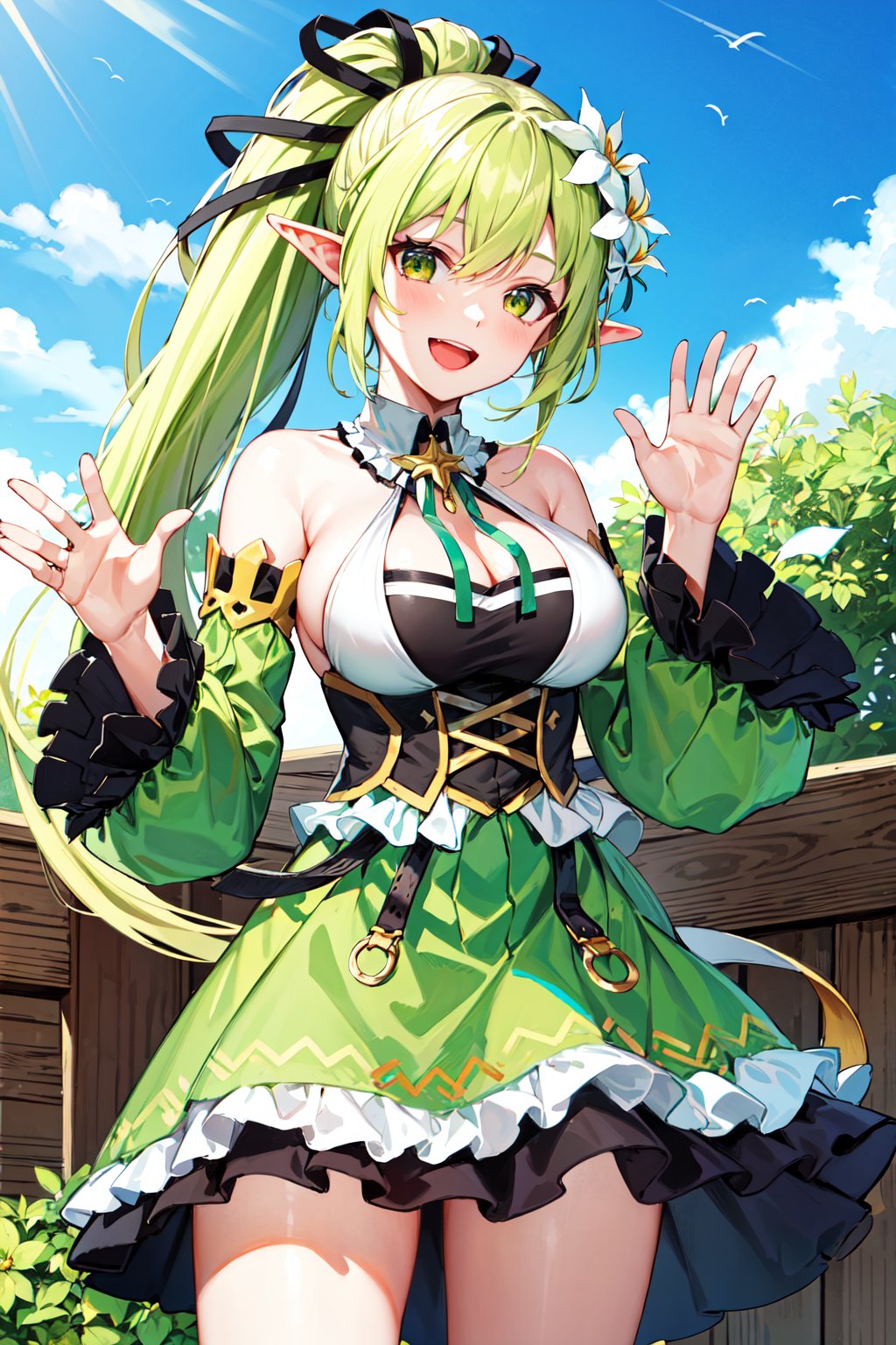 masterpiece, best quality, highres, rena1st, long hair, green hair, high ponytail, hair flower, hair ribbon, large breasts, neck ribbon, frilled dress, detached sleeves, green sleeves, green skirt, frilled skirt, <lora:rena_v1:0.7>, cowboy shot, smile, waving, open mouth, outdoors