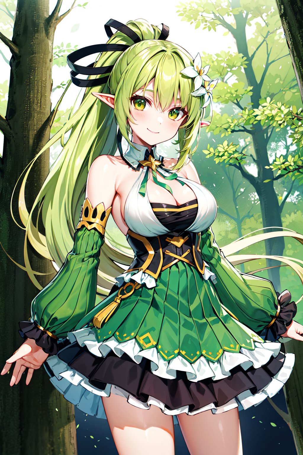 masterpiece, best quality, highres, rena1st, long hair, green hair, high ponytail, hair flower, hair ribbon, large breasts, neck ribbon, frilled dress, detached sleeves, green sleeves, green skirt, frilled skirt, <lora:rena_v1:0.7>, cowboy shot, standing, outdoors, forest, smile,