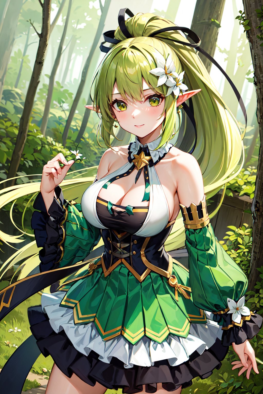 masterpiece, best quality, highres, rena1st, long hair, green hair, high ponytail, hair flower, hair ribbon, large breasts, neck ribbon, frilled dress, detached sleeves, green sleeves, green skirt, frilled skirt, <lora:rena_v1:0.7>, cowboy shot, standing, outdoors, forest,