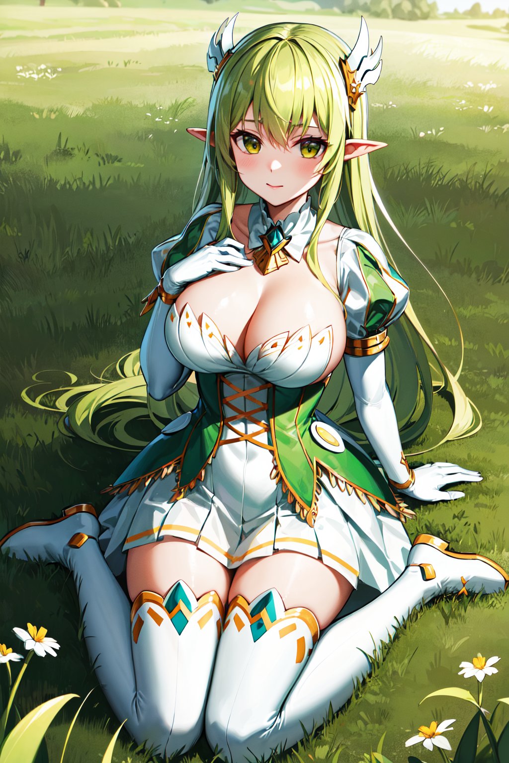 masterpiece, best quality, highres, rena2nd, long hair, green hair, hair ornament, large breasts, detached collar, cleavage, green dress, puffy sleeves, corset, white gloves, elbow gloves, white thighhighs, <lora:rena_v1:0.7>, grass, field, wariza, thigh boots