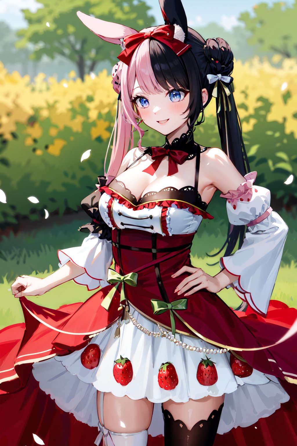 masterpiece, best quality, highres, cchinano, long hair, (multicolored hair:1.2), double bun, twintails, animal ears, strawberry hair ornament, white bow, red bow, hair bow, detached collar, red bowtie, cleavage, dress, bare shoulders, thighhighs, asymmetrical legwear, <lora:tachibana_hinano_v1:0.8>, hand on hip, smile, flower, garden, petals, standing, cowboy shot,