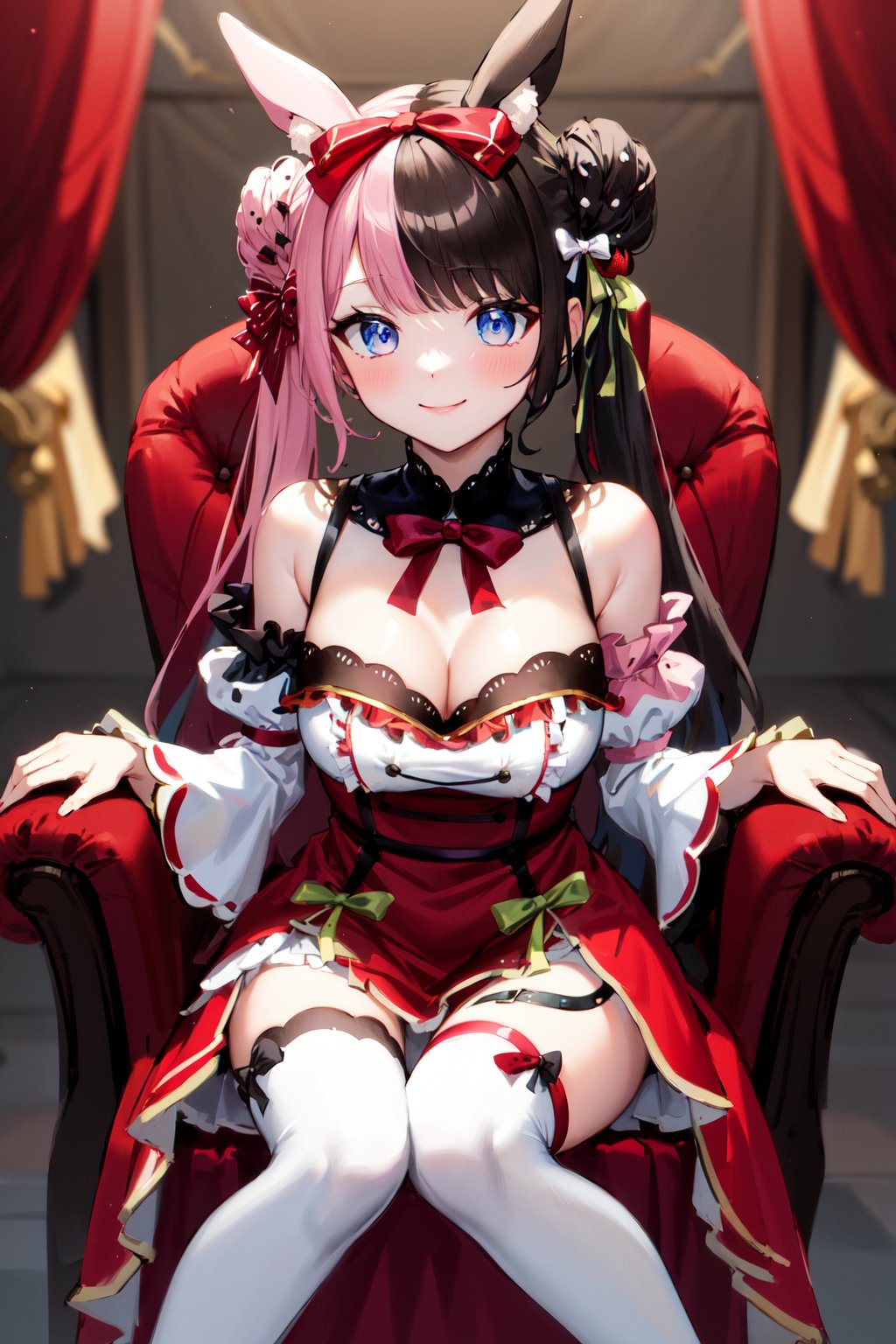 masterpiece, best quality, highres, cchinano, long hair, (multicolored hair:1.2), double bun, twintails, animal ears, strawberry hair ornament, white bow, red bow, hair bow, detached collar, red bowtie, cleavage, dress, bare shoulders, thighhighs, asymmetrical legwear, <lora:tachibana_hinano_v1:0.8>, sitting, throne, smile,