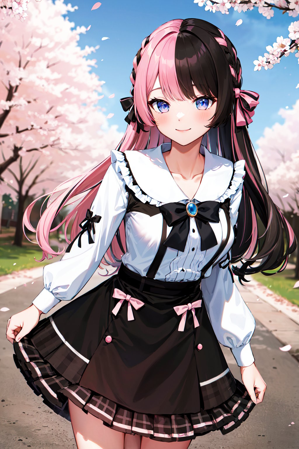 masterpiece, best quality, highres, aahinano, long hair, (multicolored hair:1.2), hair bow, collarbone, black bowtie, brooch, white shirt, suspender skirt, frilled skirt, pink bow, <lora:tachibana_hinano_v1:0.8>, cowboy shot, standing, smile, outdoors, cherry blossoms, 