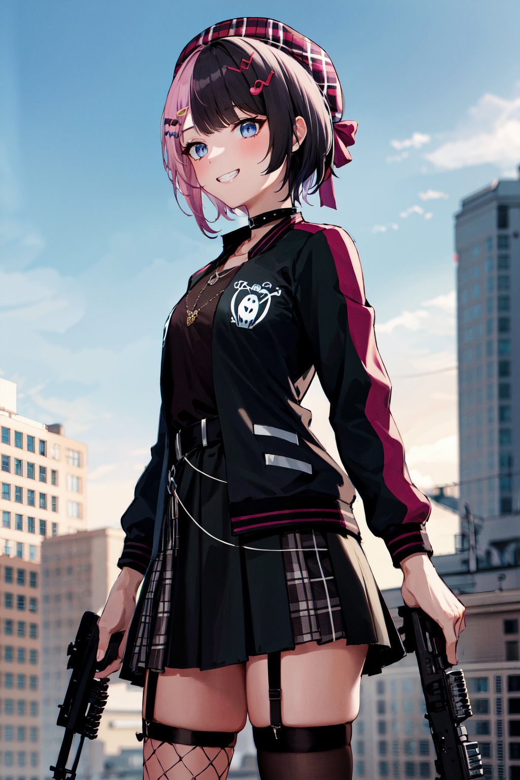 masterpiece, best quality, highres, bbhinano, short hair, (multicolored hair:1.2) beret, plaid headwear, hat bow, hair ornament, hairclip, necklace, black choker, black shirt, black jacket, open jacket, belt, black skirt, plaid skirt, asymmetrical legwear, fishnet thighhighs, garter straps, <lora:tachibana_hinano_v1:0.8>, holding gun, rifle, standing, ruins, outdoors, grin