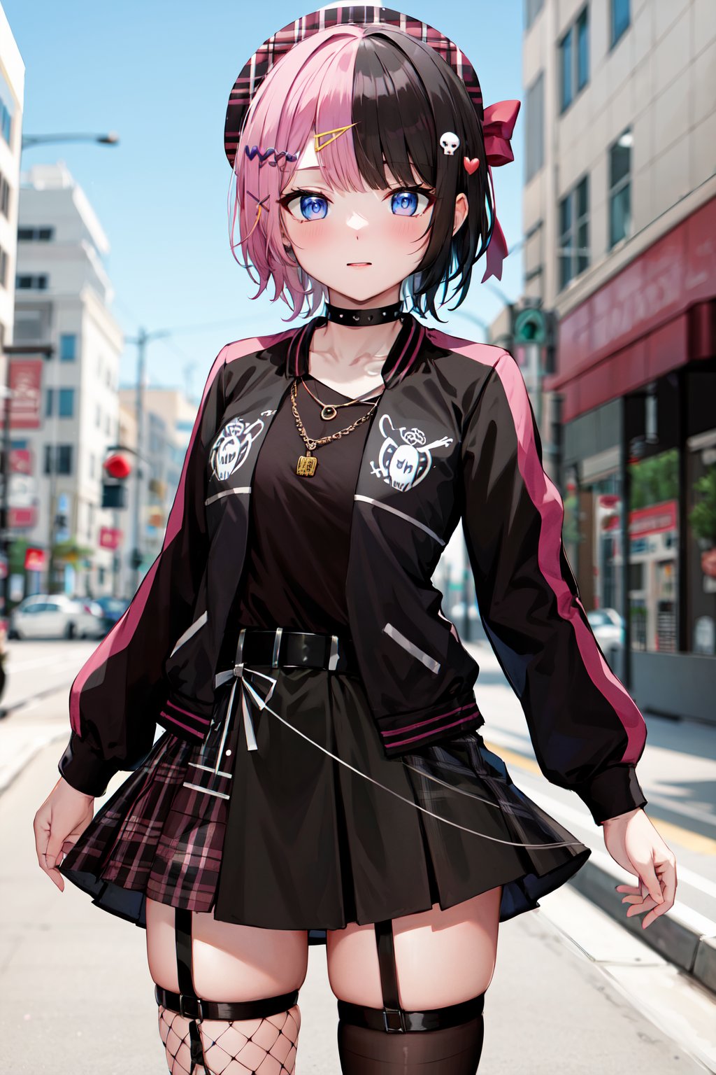 masterpiece, best quality, highres, bbhinano, short hair, (multicolored hair:1.2) beret, plaid headwear, hat bow, hair ornament, hairclip, necklace, black choker, black shirt, black jacket, open jacket, belt, black skirt, plaid skirt, asymmetrical legwear, fishnet thighhighs, garter straps, <lora:tachibana_hinano_v1:0.8>, cowboy shot, standing, street