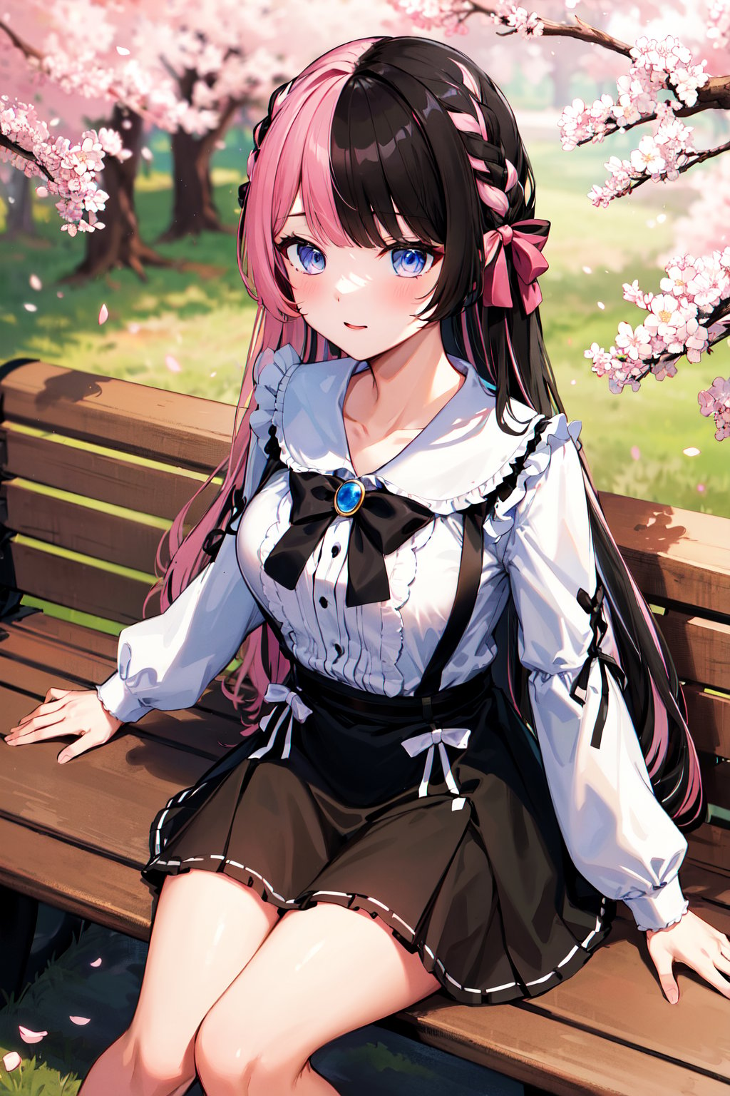 masterpiece, best quality, highres, aahinano, long hair, (multicolored hair:1.2), hair bow, collarbone, black bowtie, brooch, white shirt, suspender skirt, frilled skirt, pink bow, <lora:tachibana_hinano_v1:0.8>, sitting, bench, cherry blossoms, outdoors,