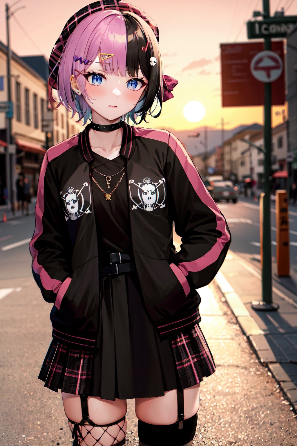 masterpiece, best quality, highres, bbhinano, short hair, (multicolored hair:1.2) beret, plaid headwear, hat bow, hair ornament, hairclip, necklace, black choker, black shirt, black jacket, open jacket, belt, black skirt, plaid skirt, asymmetrical legwear, fishnet thighhighs, garter straps, <lora:tachibana_hinano_v1:0.8>, hand in pocket, sunset, street