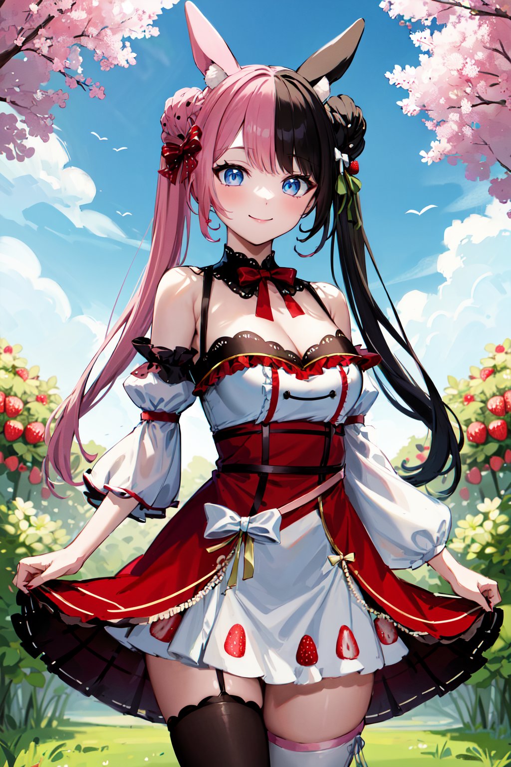 masterpiece, best quality, highres, cchinano, long hair, (multicolored hair:1.2), double bun, twintails, animal ears, strawberry hair ornament, white bow, red bow, hair bow, detached collar, red bowtie, cleavage, dress, bare shoulders, thighhighs, asymmetrical legwear, <lora:tachibana_hinano_v1:0.8>, garden, outdoors, standing, cowboy shot, smile