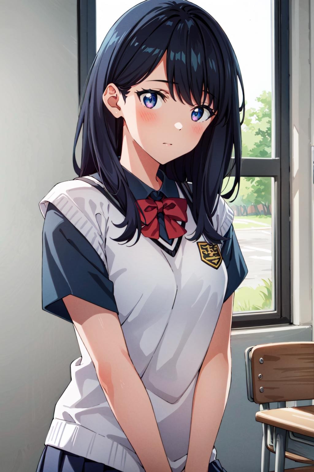 masterpiece, best quality,1girl,highres,rikka,takarada rikka, <lora:rikka_v5-000010:0.7>,school uniform, short sleeves, 