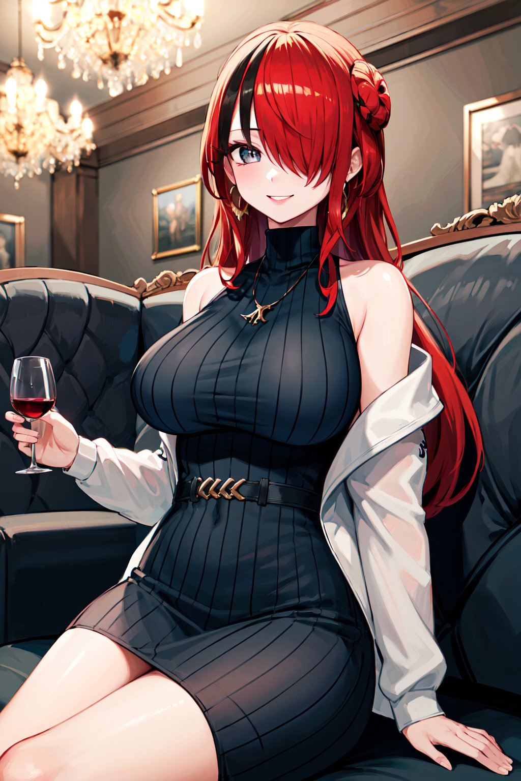 masterpiece, best quality, highres, hmlain, long hair, single hair bun, streaked hair, hair over one eye, earrings, large breasts, necklace, turtleneck, sweater, sleeveless dress, white jacket, open clothes, off shoulder, black belt, <lora:lain_paterson_v1:0.7>, sitting, sofa, smile, wine glass, chandelier, indoors, holding cup, 