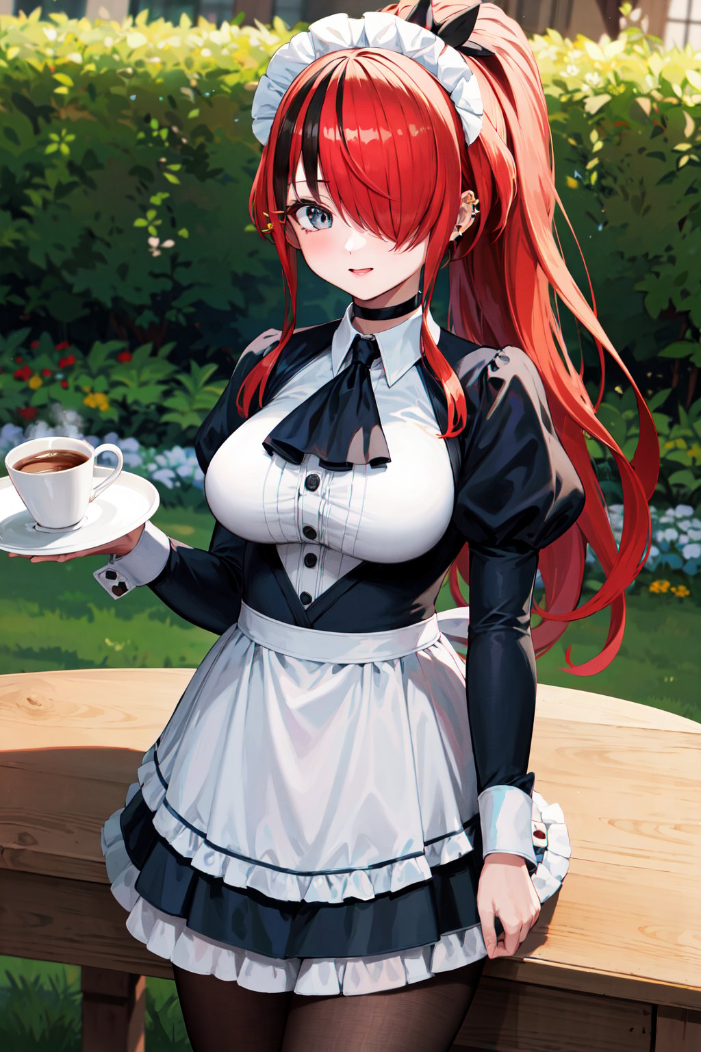 masterpiece, best quality, highres, hmlain, long hair, ponytail, streaked hair, hair over one eye, maid headdress, ear piercing, large breasts, black choker, frills, maid, black ascot, black dress, long sleeves, puffy sleeves, white apron, maid apron, black pantyhose, <lora:lain_paterson_v1:0.7>, garden, standing, holding tray, coffee, table,