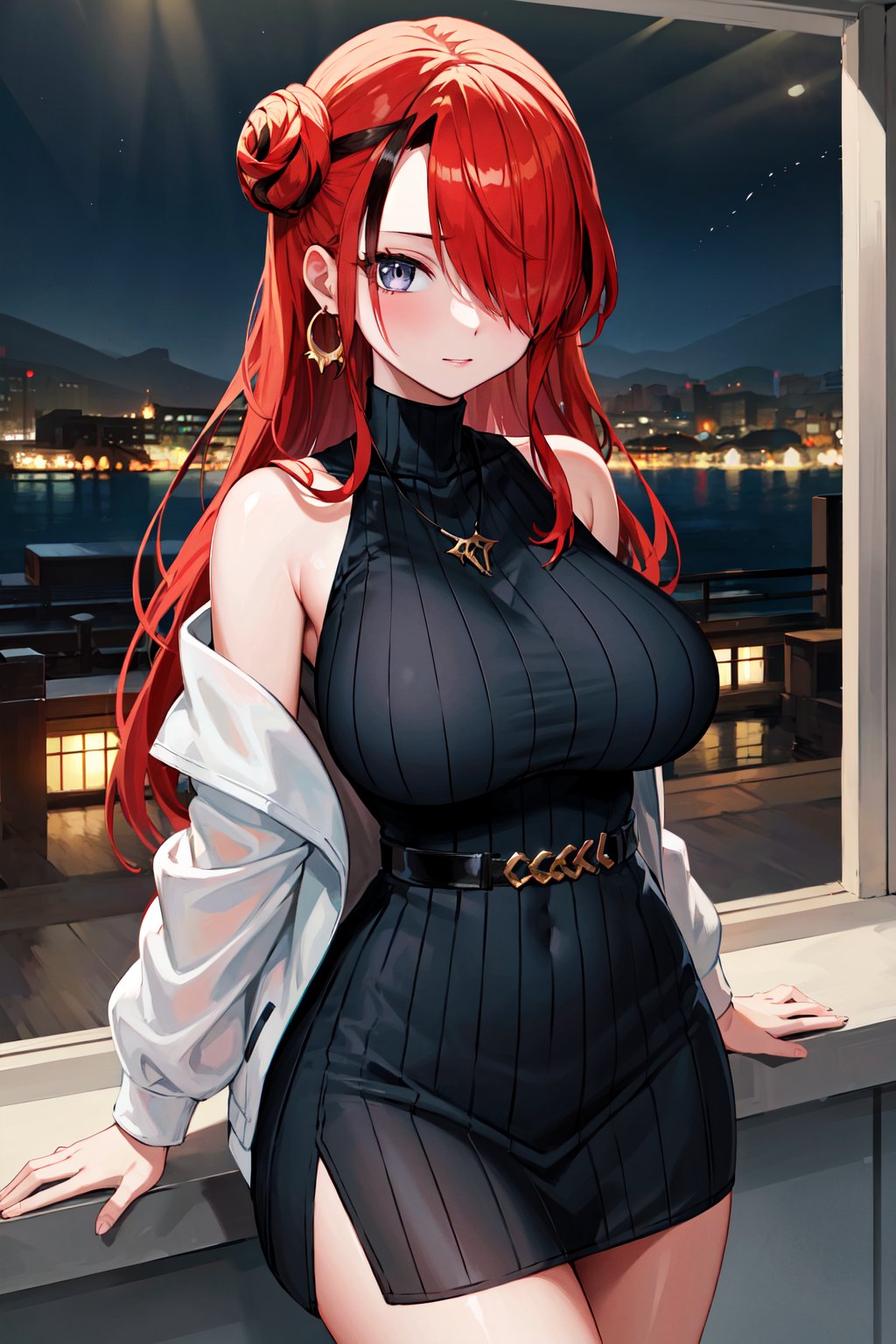 masterpiece, best quality, highres, hmlain, long hair, single hair bun, streaked hair, hair over one eye, earrings, large breasts, necklace, turtleneck, sweater, sleeveless dress, white jacket, open clothes, off shoulder, black belt, <lora:lain_paterson_v1:0.7>, cowboy shot, standing, night