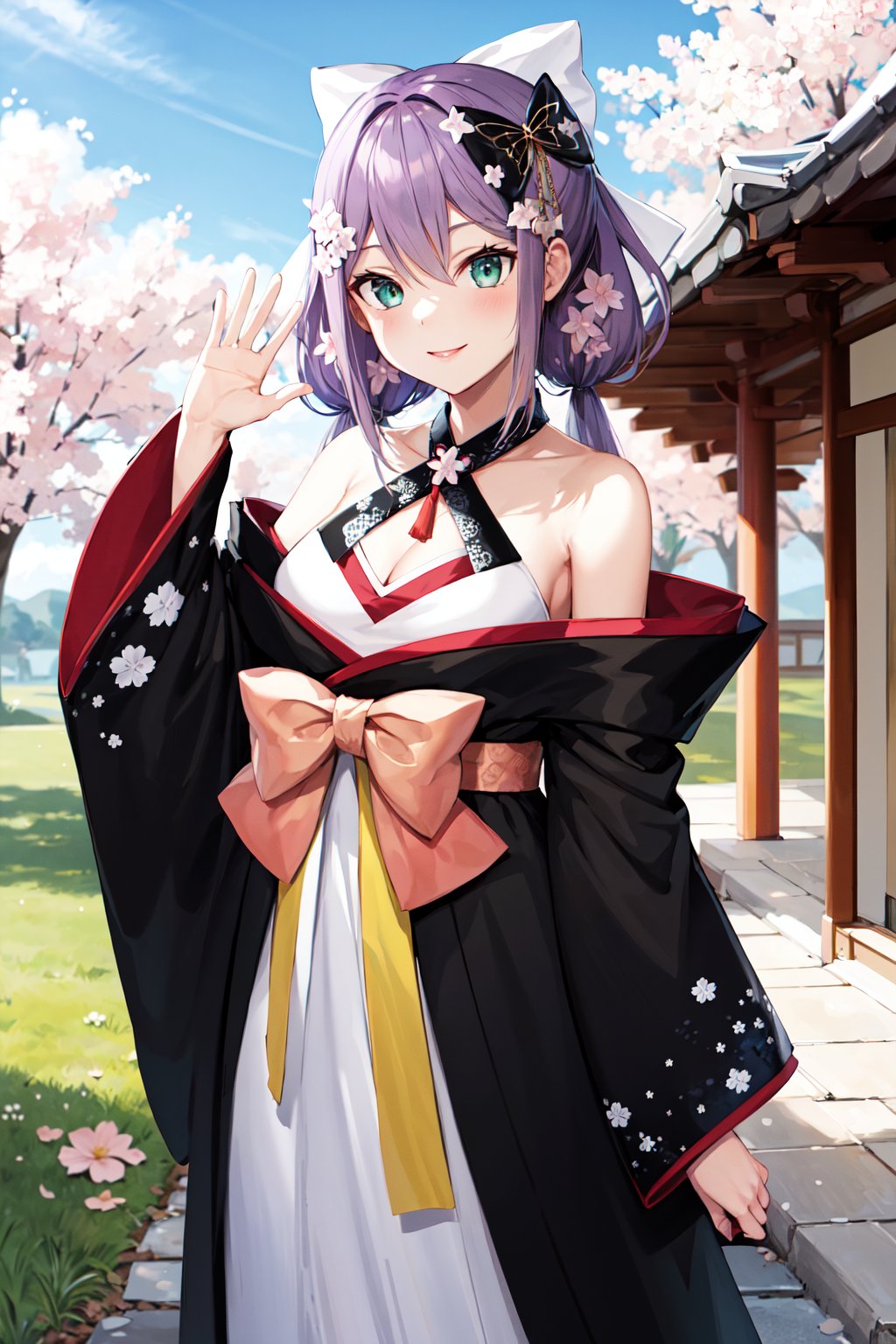 masterpiece, best quality, highres, aaritsuki, low twintails, hair ornament, hair bow, white bow, hair flower, halterneck, cleavage, off shoulder, japanese clothes, black kimono, long sleeves, wide sleeves, floral print, <lora:sakura_ritsuki_v1:0.7>, standing, cowboy shot, outdoors, looking at viewer, smile, waving, shrine, 