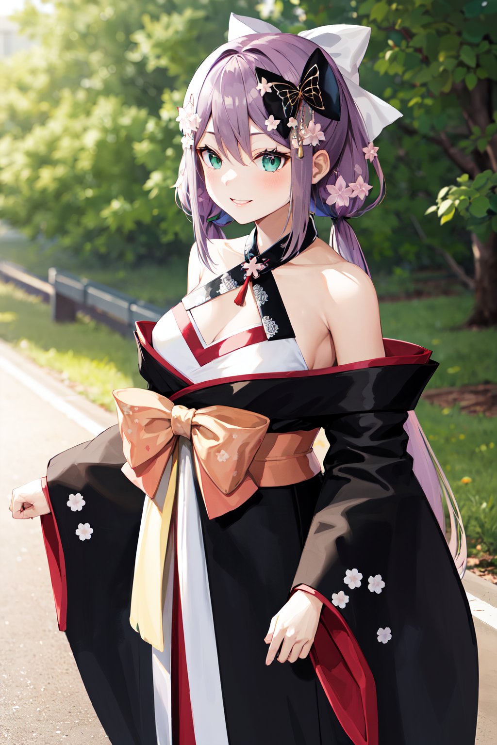 masterpiece, best quality, highres, aaritsuki, low twintails, hair ornament, hair bow, white bow, hair flower, halterneck, cleavage, off shoulder, japanese clothes, black kimono, long sleeves, wide sleeves, floral print, <lora:sakura_ritsuki_v1:0.7>, standing, cowboy shot, outdoors, looking at viewer,  smile, 